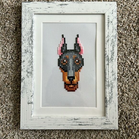 Handmade rhinestone embroidery Doberman breed framed art matted size 4 x 6 - Picture 4 of 6